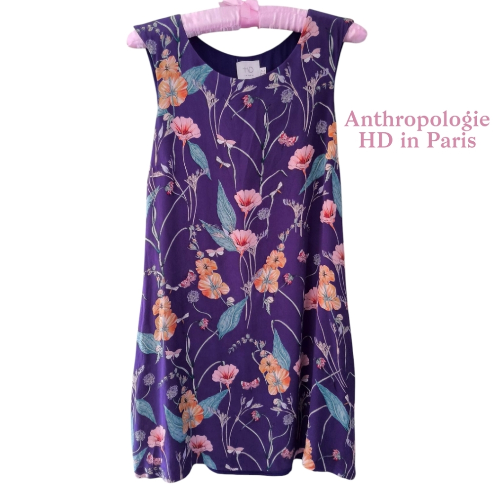 Anthropologie HD in Paris Purple Floral Silk Shift Dress Size 12P - Gardencore